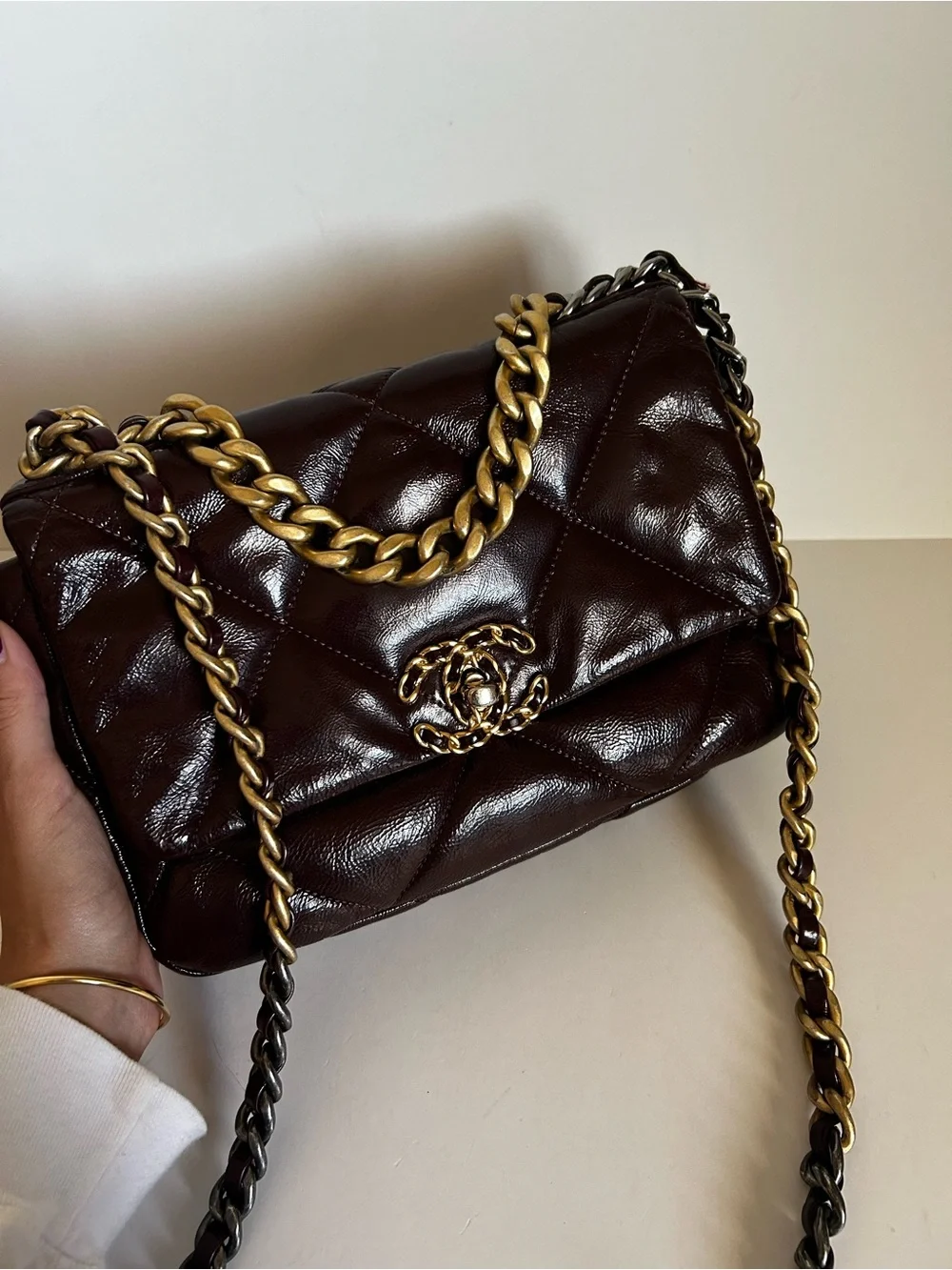 CHANEL Brown Quilted Leather Crossbody with Mixed Gold-Silver Chain